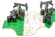Nigeria map with oil barrels and pumpjacks. Oil production concept. 3D rendering