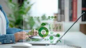 Businessmen use laptops to analyze ESG Co2 Carbon footprint Emission report graph to net zero. Green business corporate responsibility sustainable environment development goal. World Environment Day.