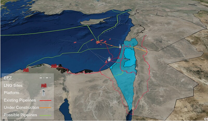 Map of East Med Israeli production and Egyptian LNG processing and natural gas transport assets.