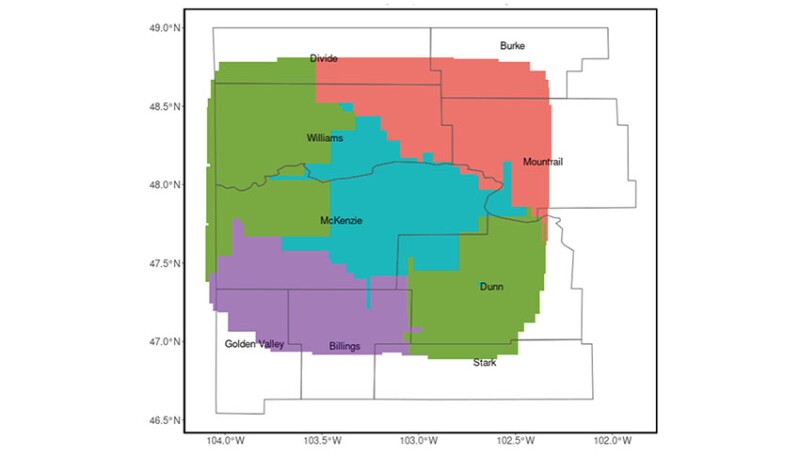 Fig. 2—K-means clustering algorithm created the studied subareas in the North Dakota Bakken characterized by similar geologic and reservoir characteristics. Source: Chakhmakhchev et al., 2021.
