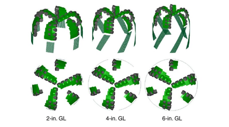 Fig. 1—Bit designs selected for modeling with 2-, 4-, and 6-in. GLs with tapered profiles.