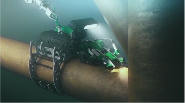 The NDT robot is placed on a welded brace of a jacket platform to check its integrity.
