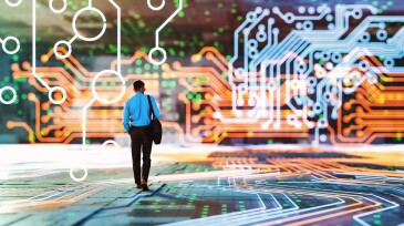 Abstract image of businessman walking in VR environment