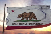 Flag of California waving in the wind against deep beautiful sky. 3d illustration
