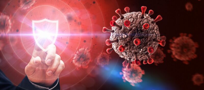 Graphic of a hand touching a digital badge against a background of coronavirus
