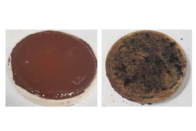 Effect of acid-treatment fluid on the 95-lbm/ft3 OCIEF 1 filter cake before treatment (left) and after treatment (right).