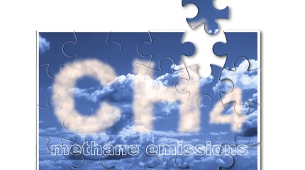 CH4 gas methane emissions are the second-largest cause of global warming after carbon dioxide - solutions concept against a cloudy sky in jigsaw puzzle shape