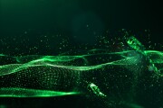 Abstract green color digital particles wave with dust and light background