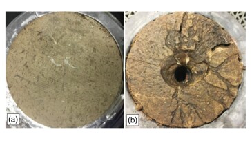 Conductive channel-formation core from a depth of 7,575 ft with 15% ZCA at 110°F before test (a) and after test (b).