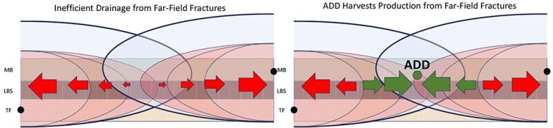Illustration shows a typical drainage (top) compared with the augmented drainage development well concept which seeks to capture stranded fracture networks. Source: URTeC 4044110/Hess Corp.