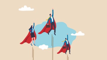 Professional people to help business success, teamwork or unity, super power to grow business fast, strength or team support concept, business people team members superhero flying high up in the sky.