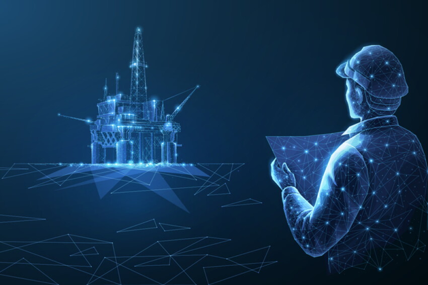 Engineer and oil rig. Abstract 3d floating rig platform on blue