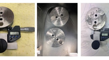 Annular ring test cell in a water bath at 25°C. Left: Initial reading of the slurry; middle, curing of the slurry; right, final reading of the slurry.