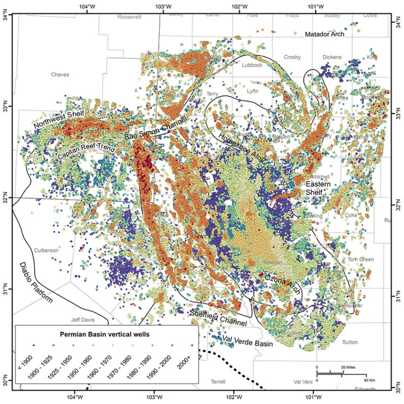 Fig. 3—Legacy wells in the Permian Basin region shaded by period in which they were drilled, with warmer colors indicating older wells.