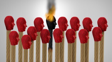 Career burnout and business burn out as an overworked burnt from exhaustion as a match icon of an employee exhausted with job stress as a work concept for overloaded workers as a 3D illustration.