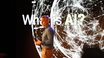 Shane McArdle, CEO of Kongsberg Digital, speaking at the company’s recent technology event, The Tomorrow Show, in Oslo. Source: Kongsberg Digital.