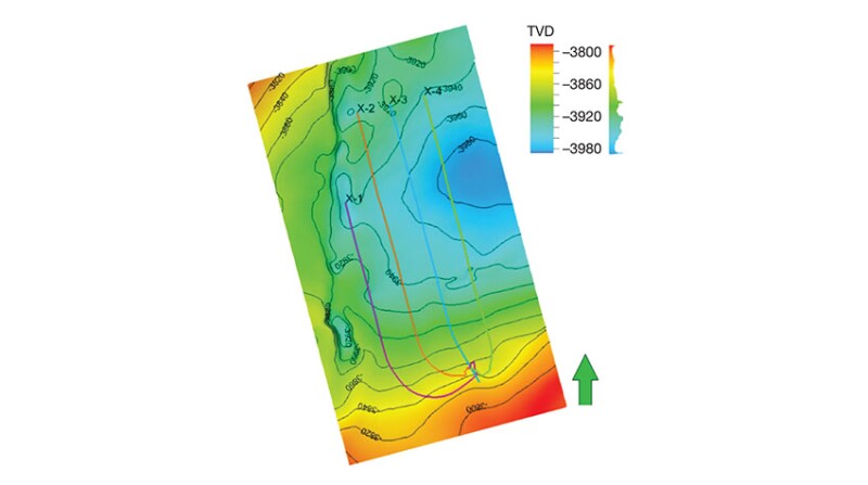 Well depths, spacing, and layout of Pad X. TVD = true vertical depth.