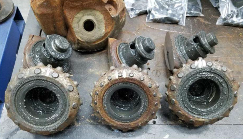 Drill cutters showing wear from use in basalt rocks