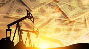 Oil price cap concept. Petroleum, petrodollar and crude oil concept. Oil pump on background of US dollars. Dollars and oil pumps