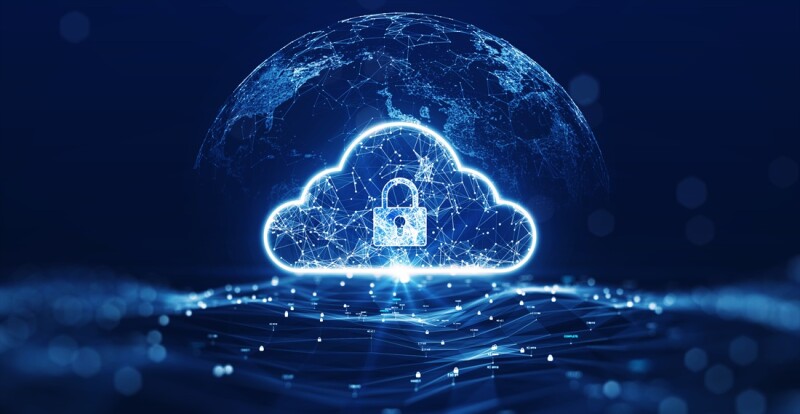 cloud computing technology concept transfer database to cloud. There is a large cloud icon that stands out in the center of the abstract world above the polygon with a dark blue background.