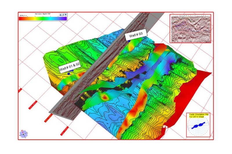 Shows the Structural Geological Model for Paleocene Carbonate Horizon Surface with Northeast- Southweststriking Fault Planes developed from 3D-Seismic data Interpretation, applying Validation/Restoration on all Dip lines.