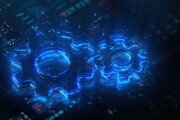 Digital gears icon hologram on future tech background. Productivity evolution. Futuristic gears icon in world of technological progress and innovation. CGI 3D render