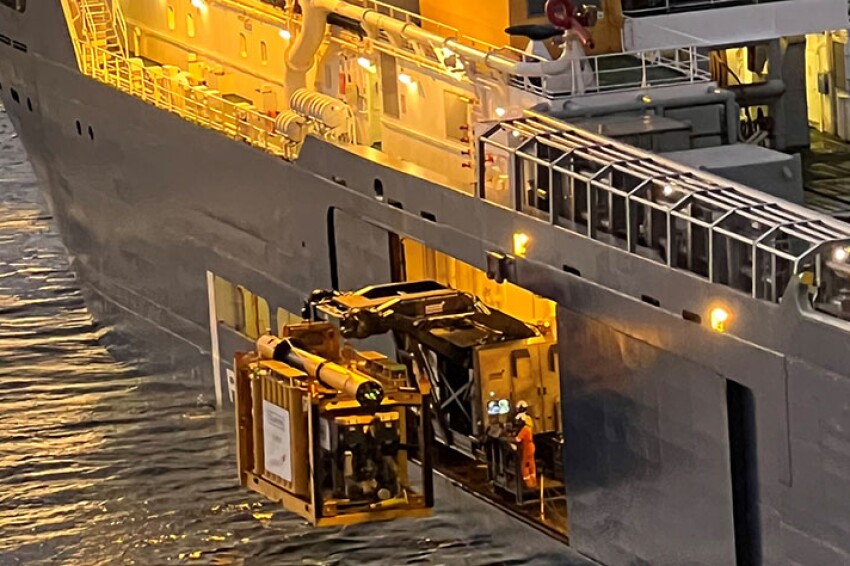 A dedicated launch and recovery system prepares to launch Oceaneering’s Liberty short-term resident system from a vessel in the North Sea. Source: Oceaneering.