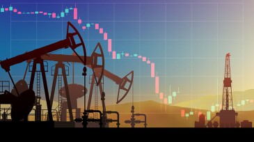 Pumpjack on oil price chart, financial data. Falling price. Land crude oil drilling rig, derrick, pump jack. Price per barrel. Onshore production, industry, business. Silhouette, desert. Vector