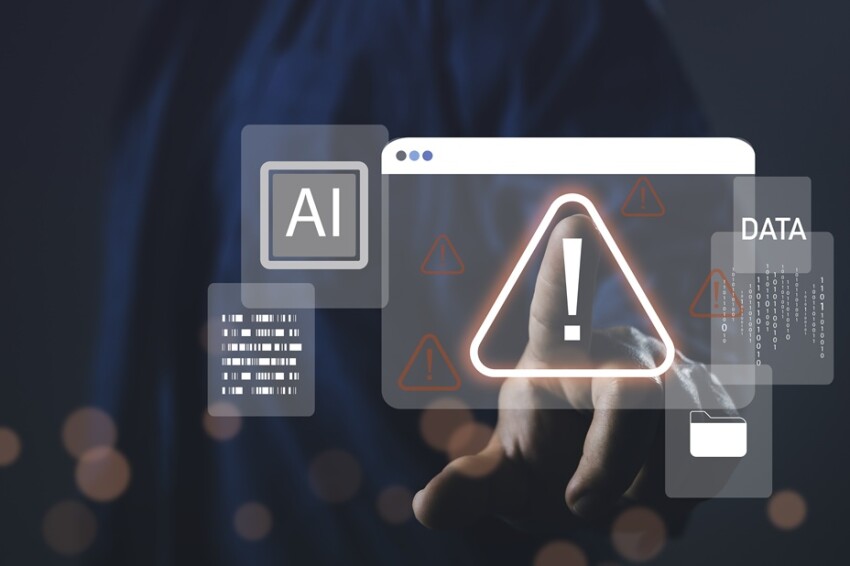 Hand pointing at digital warning icon with AI and data interface, representing system warning alert, cybersecurity threat, data error, and artificial intelligence risk.