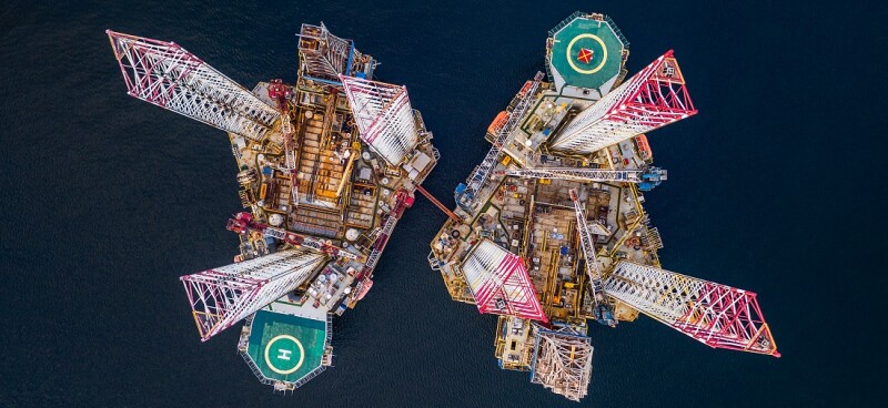 Two drilling rigs photographed from directly above, Cromarty Firth, Scotland, United Kingdom