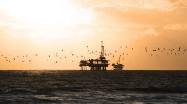 Sea Gulls Fly in Front of Oil Platform