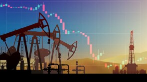 Pumpjack on oil price chart, financial data. Falling price. Land crude oil drilling rig, derrick, pump jack. Price per barrel. Onshore production, industry, business. Silhouette, desert. Vector