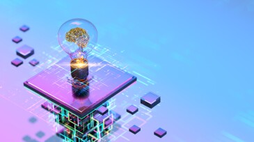 AI - Artificial Intelligence. Digital brains inside light bulb. CPU. machine learning and data concept.