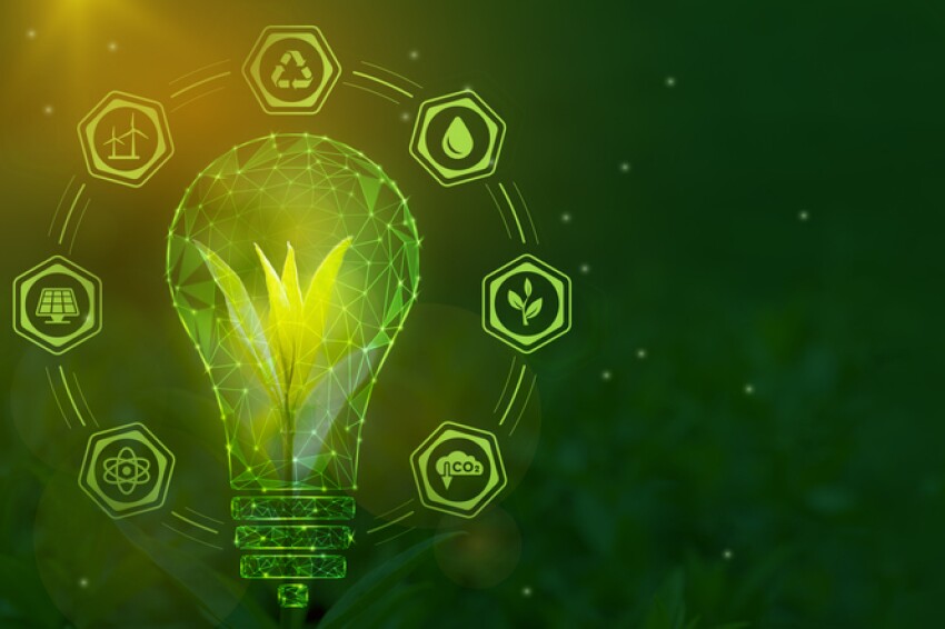A tree sprout in a symbolic light bulb surrounded by symbols of green energy. Renewable energy sources, sustainable resources. Low-poly frame design