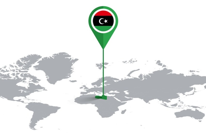 LIBYA Location Pin on World Map with Flag in Pin's Body