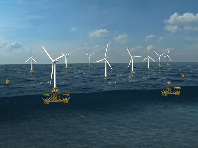 Illustration of a floating structure that generates power from wind and waves.