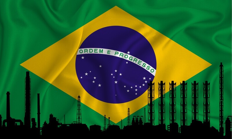 Brazil flag, background with space for your logo - industrial 3D illustration.Silhouette of a chemical plant, oil refining, gas, energy icons. heavy industry.