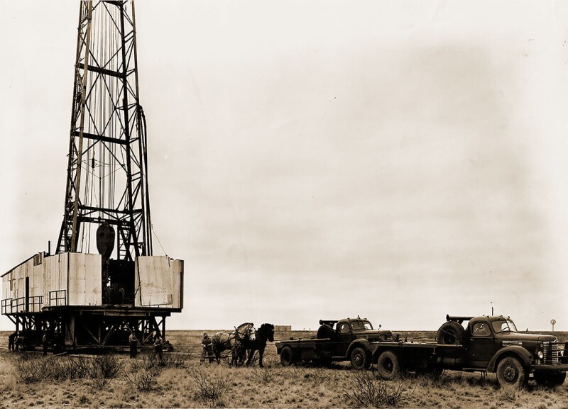 A 203-ft-tall derrick, one of the world’s tallest at the time, is prepared for relocation a mile distant—by hand, hoof, and engine—in the booming Permian Basin in 1947.