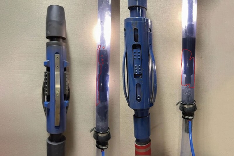 Fig. 2—Lab images of air building up pressure underneath a TAC. Left image shows a high-flow TAC; right image shows a conventional TAC. Source: Vannevar.