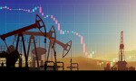 Pumpjack on oil price chart, financial data. Falling price. Land crude oil drilling rig, derrick, pump jack. Price per barrel. Onshore production, industry, business. Silhouette, desert. Vector