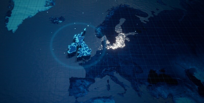 Abstract  geometric futuristic concept 3d Map of United Kingdom with borders as scribble,  blue neon style. 3d rendering