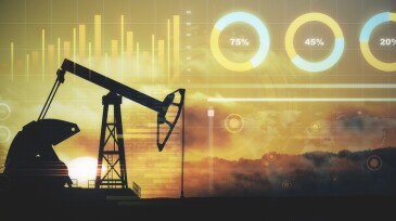 Creative oil pump jack and business chart on sunset background. Gasoline production growth concept. 3D Rendering.