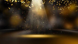 golden confetti rain on festive stage with light beam in the middle, empty room at night mockup with copy space  for award ceremony, jubilee, New Year's party or product presentations