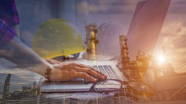 Double exposure of engineer meeting for architectural project and working with partner engineering on workplace of oil and gas refinery concept.