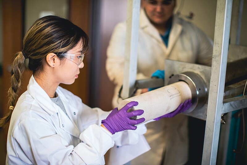 Students work in a matrix acidizing laboratory.