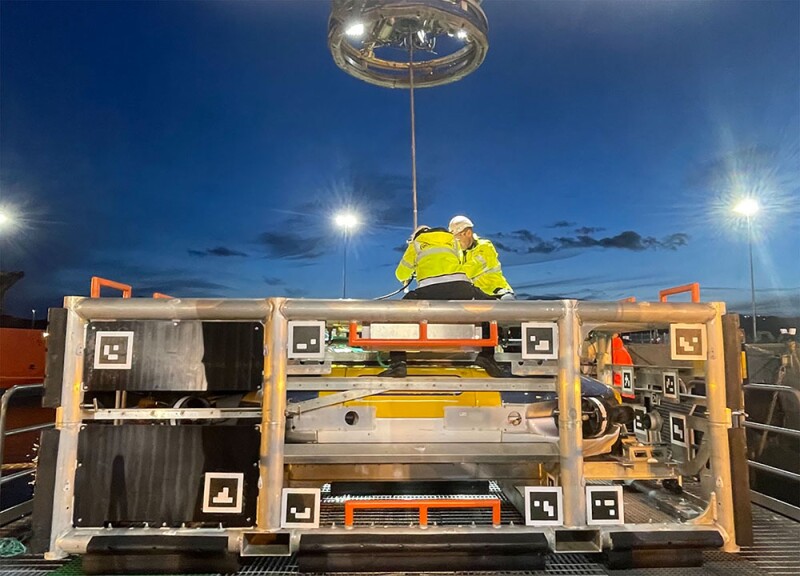 The Freedom AUV being prepared for deployment via a launch-and-recovery system. Source: Oceaneering.