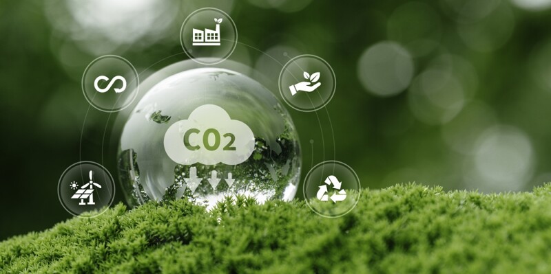 CO2 sustainability renewable recycle green energy concept. glass globe on moss for carbon emission reduction and eco-friendly environmental protection. CCS, carbon capture to net zero