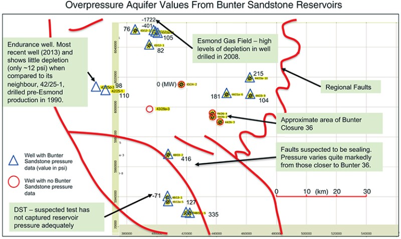 Overpressure data shown in the previous figure are displayed on a map view with surrounding faults shown in red