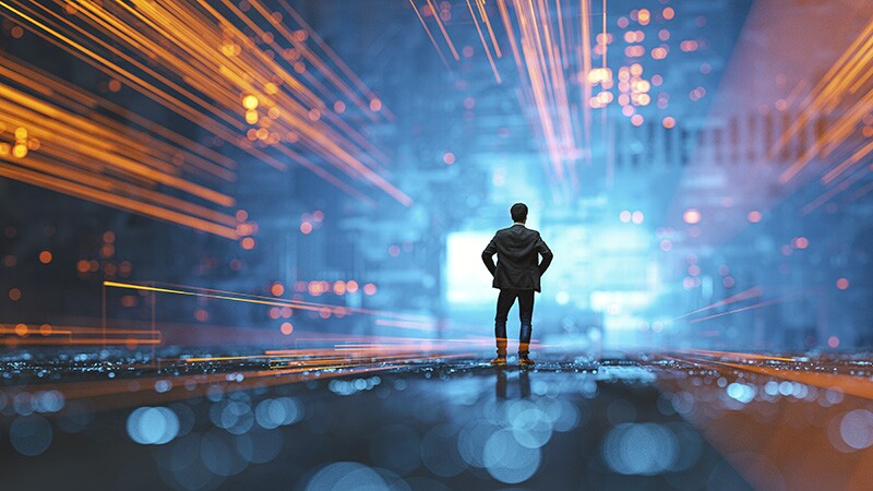 Futuristic city VR wire frame with businessman standing