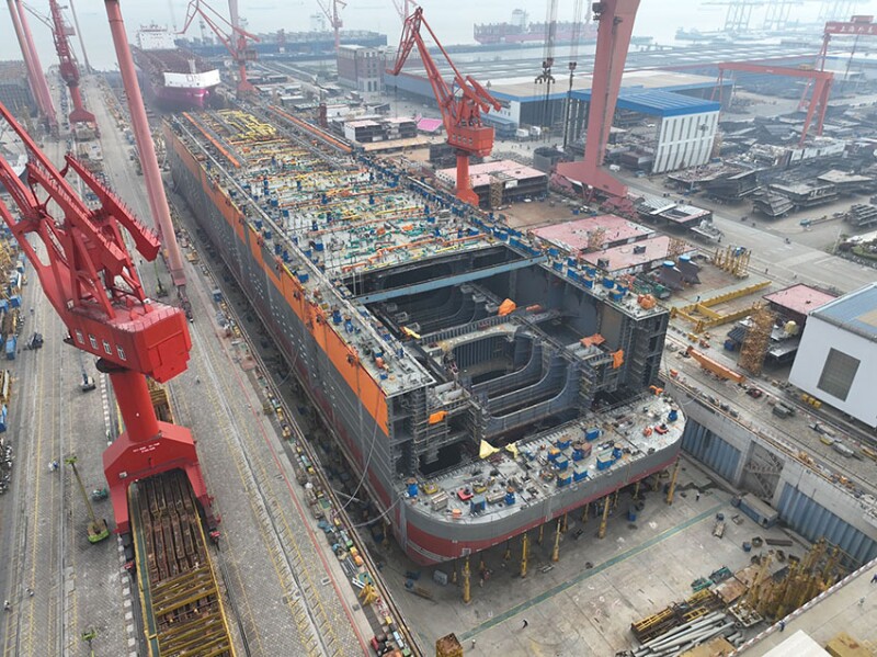 The hull of the sixth Guyana FPSO project, Whiptail, in construction in dry dock in April 2024. Source: ExxonMobil.